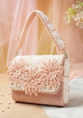 Dusty Pink And Pearl White Embellished Velvet Clutch