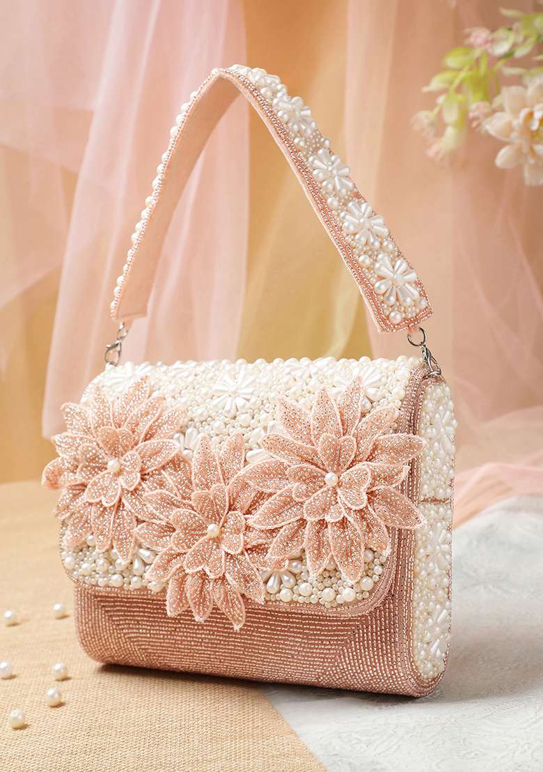 Dusty Pink And Pearl White Embellished Velvet Clutch - Indya