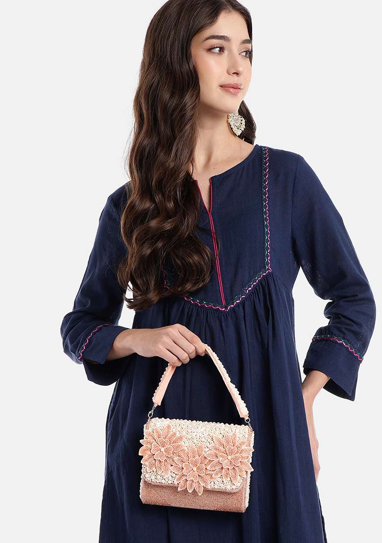Dusty Pink And Pearl White Embellished Velvet Clutch - Indya