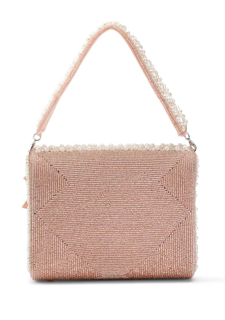 Dusty Pink And Pearl White Embellished Velvet Clutch - Indya