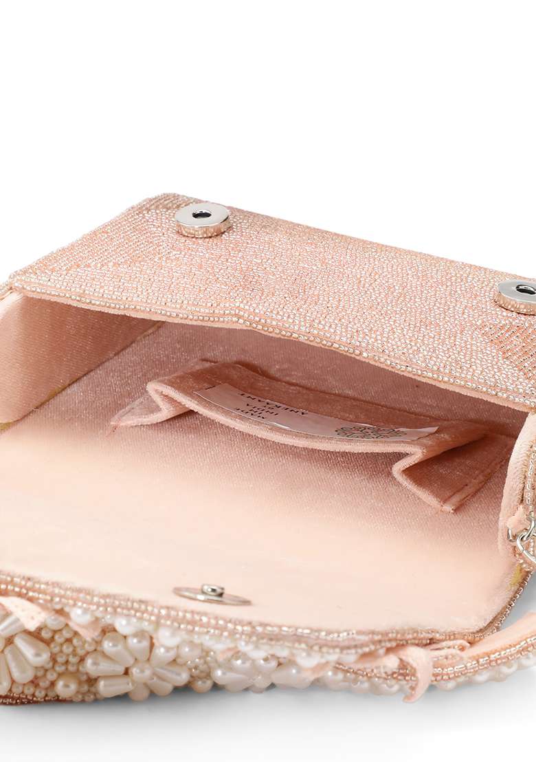 Dusty Pink And Pearl White Embellished Velvet Clutch - Indya