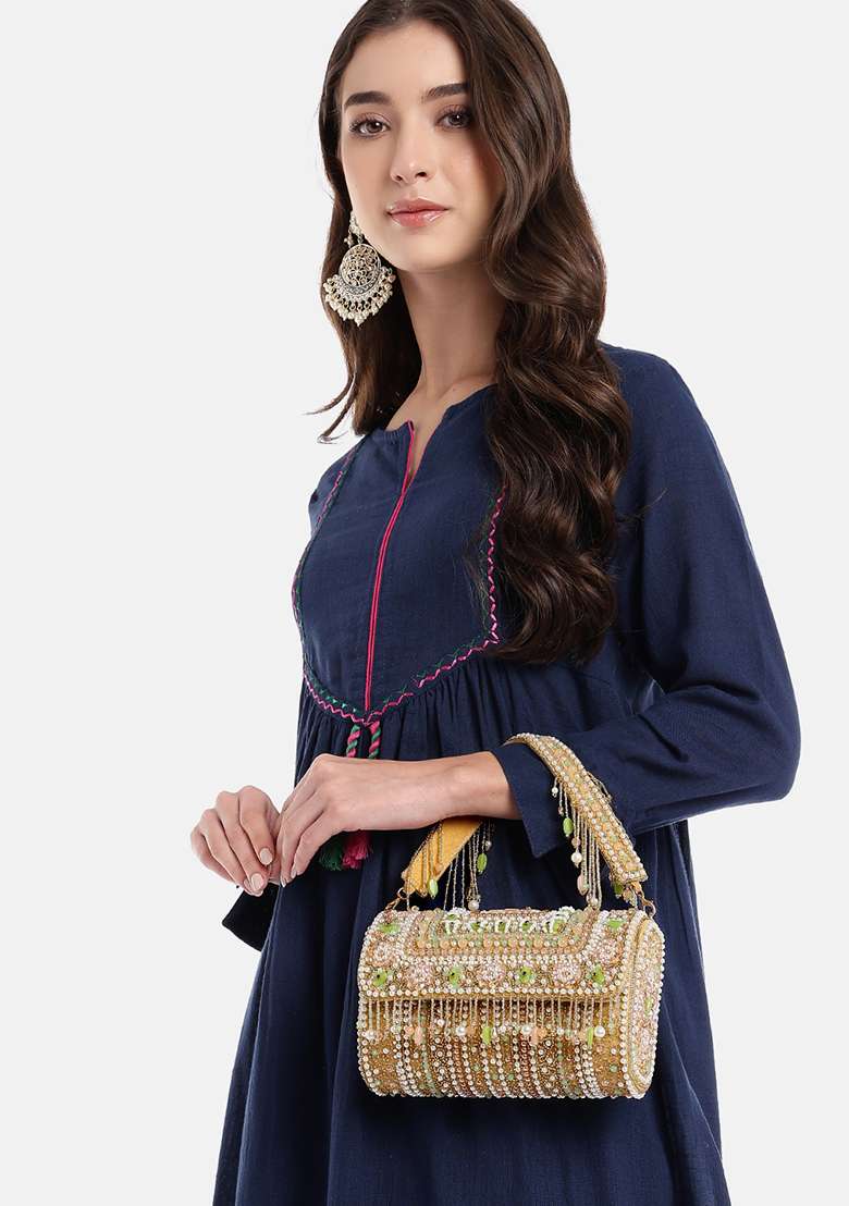 Multicolor Embellished Velvet Clutch - Indya