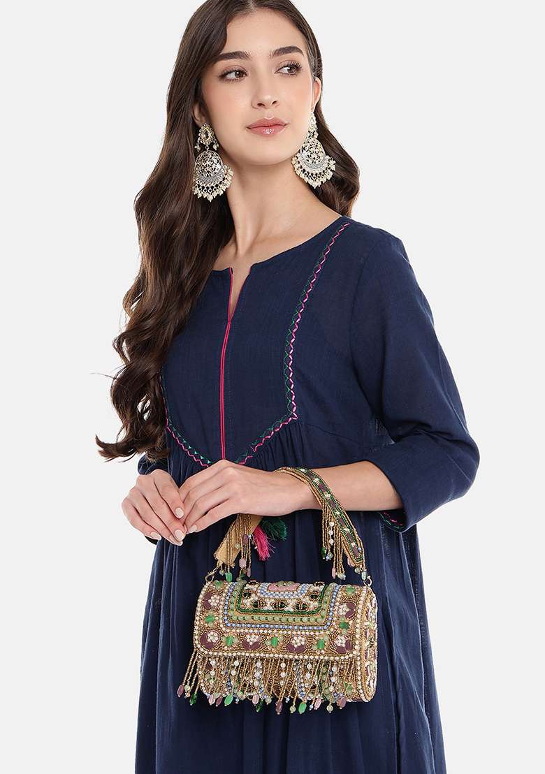 Multicolor Embellished Velvet Clutch - Indya