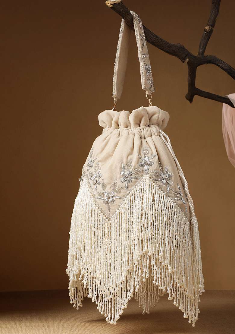 Ecru And Ivory Embroidery Velvet Potli - Indya
