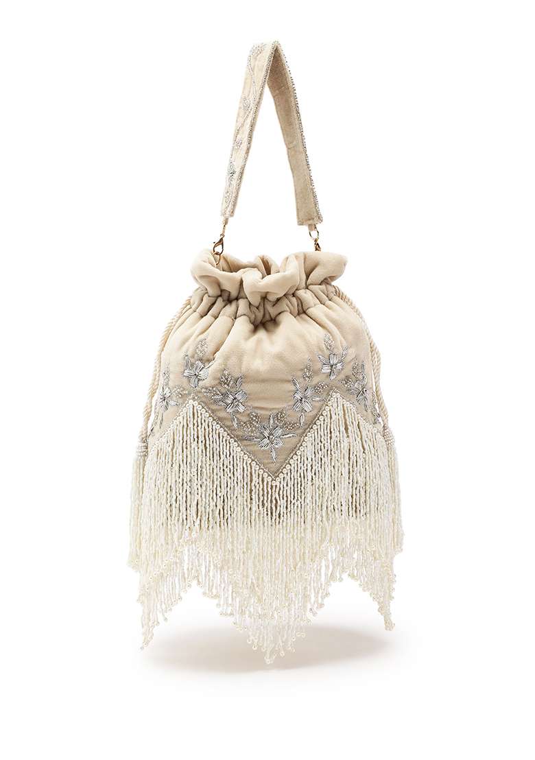 Ecru And Ivory Embroidery Velvet Potli - Indya