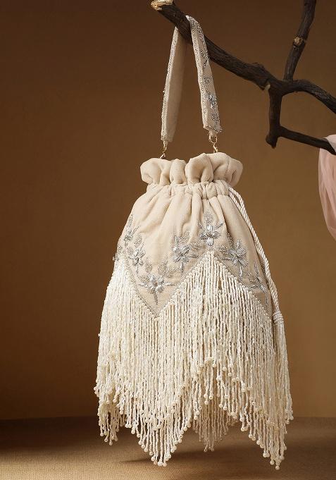Ecru And Ivory Embroidery Velvet Potli