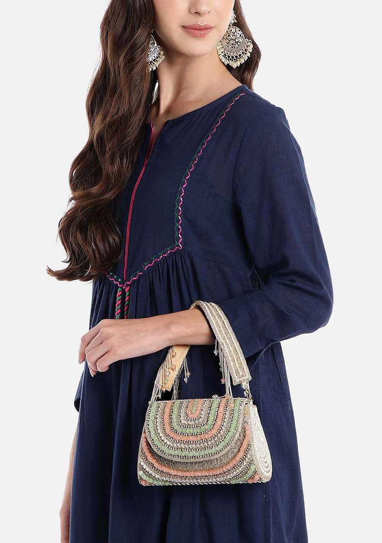 Multicolor Crystal Layered Velvet Clutch - Indya