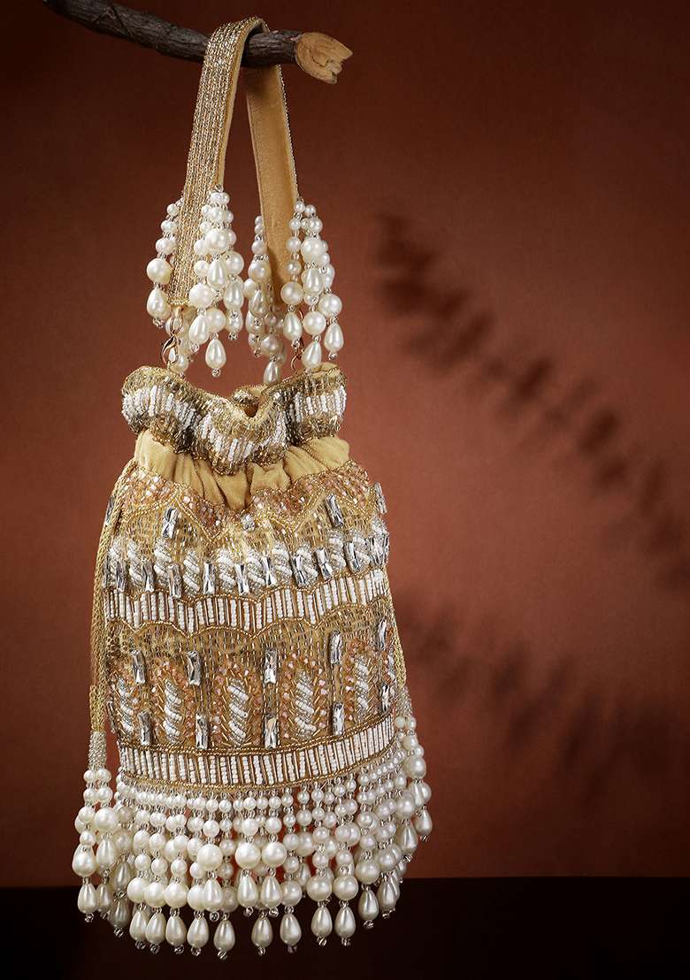 Camel Brown And Pearl White Embellished Velvet Potli - Indya