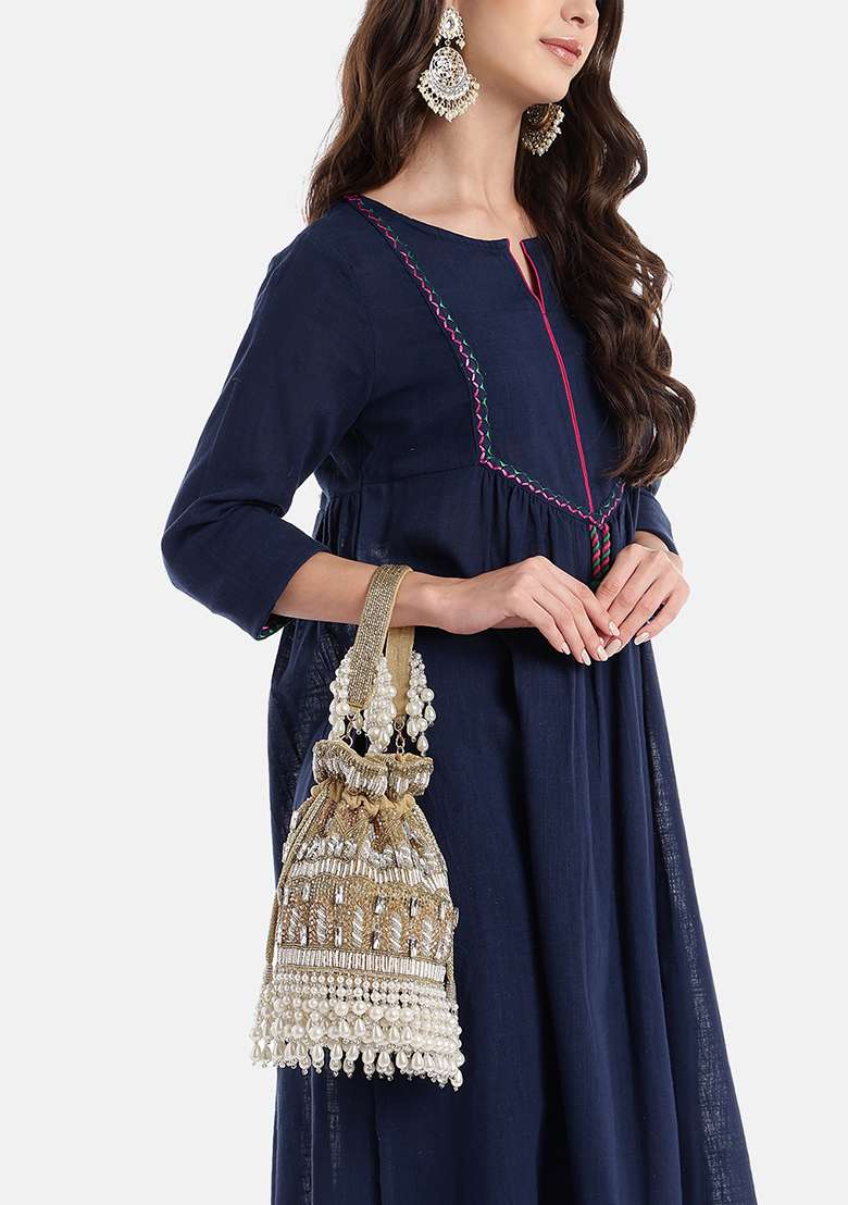 Camel Brown And Pearl White Embellished Velvet Potli - Indya