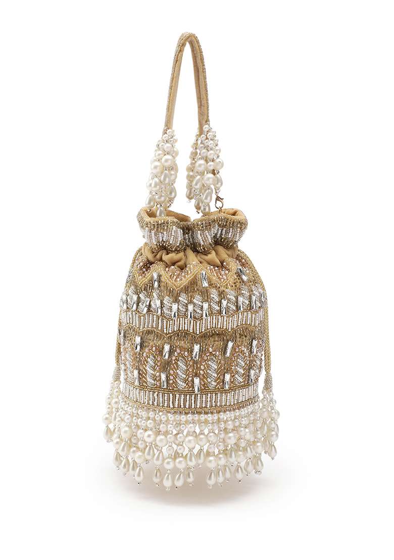 Camel Brown And Pearl White Embellished Velvet Potli - Indya
