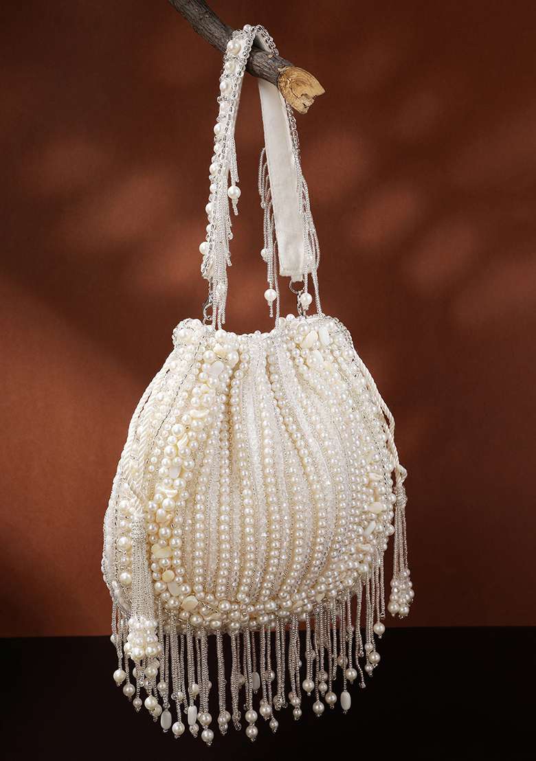 Crystal White Pearl Beaded Silk Potli - Indya