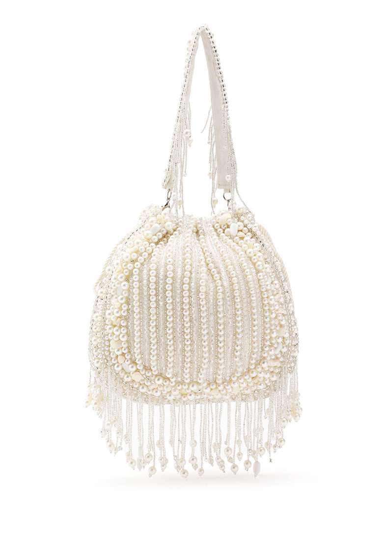 Crystal White Pearl Beaded Silk Potli - Indya
