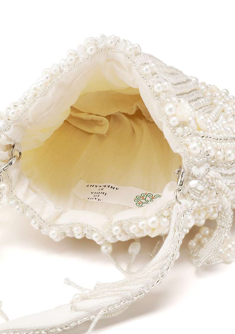 Crystal White Pearl Beaded Silk Potli - Indya