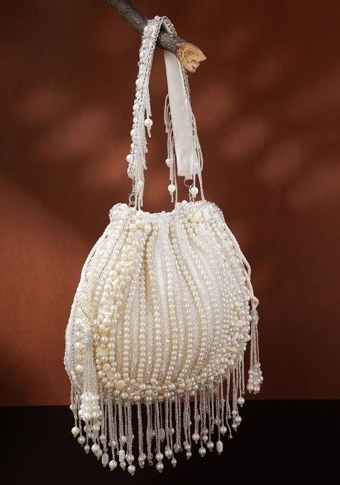Crystal White Pearl Beaded Silk Potli