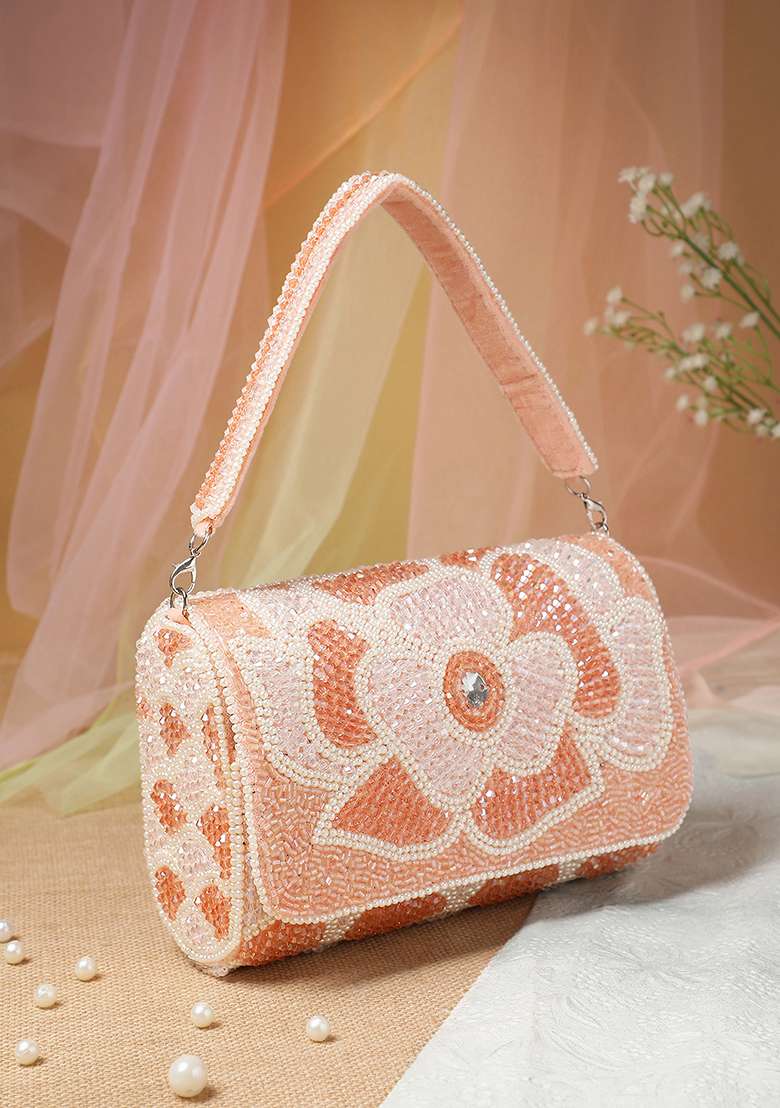 Blush Pink And Pearl White Floral Crystal Beaded Velvet Clutch - Indya