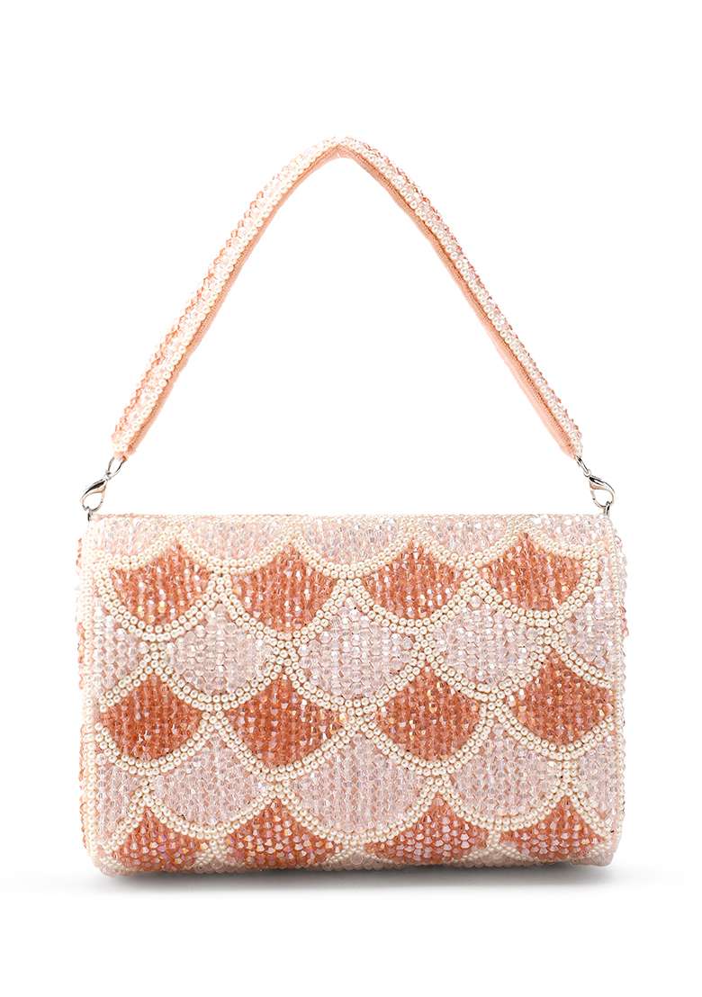 Blush Pink And Pearl White Floral Crystal Beaded Velvet Clutch - Indya