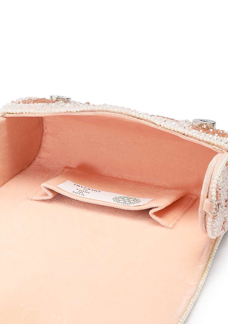 Blush Pink And Pearl White Floral Crystal Beaded Velvet Clutch - Indya