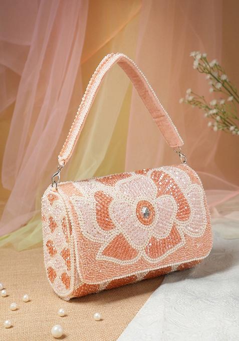 Blush Pink And Pearl White Floral Crystal Beaded Velvet Clutch