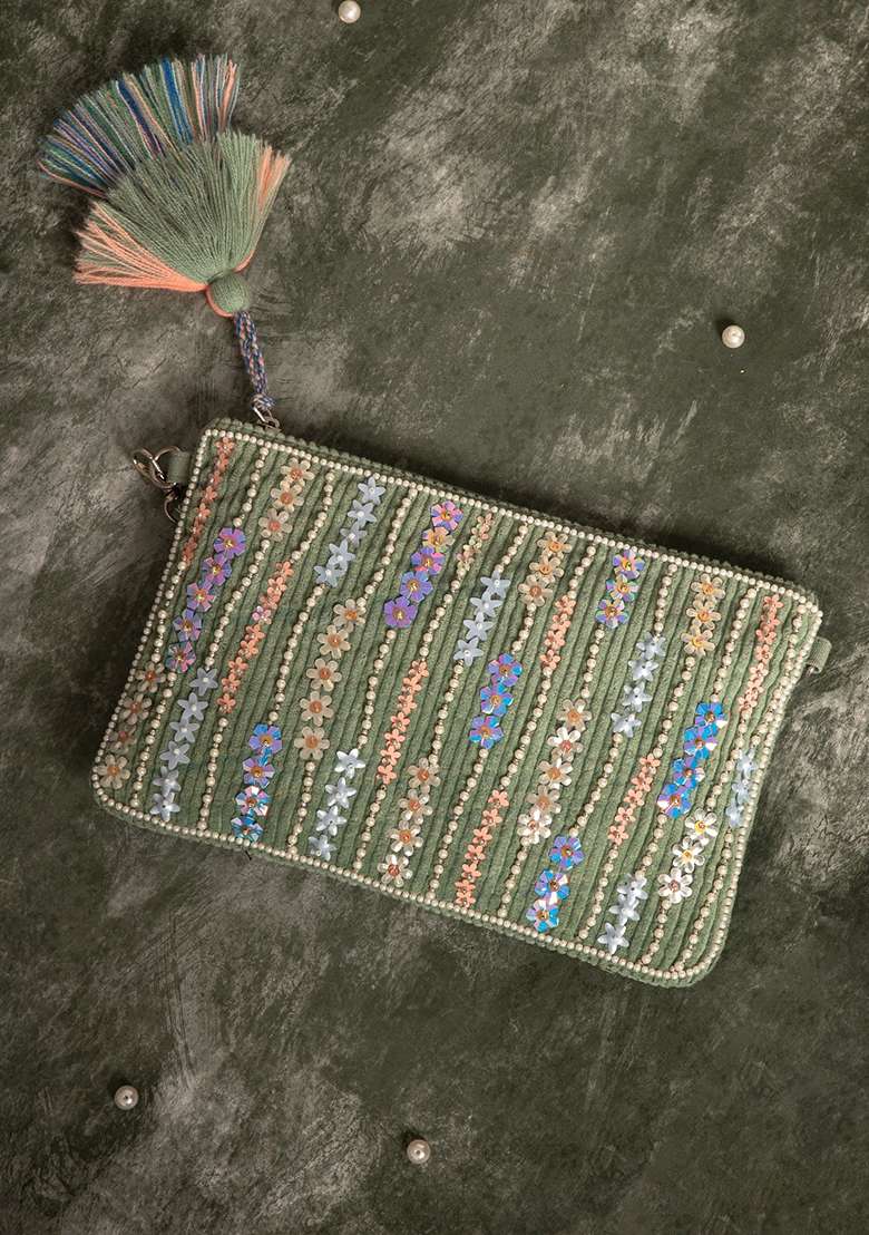 Multicolor Floral Sequined Corduroy Sling Bag - Indya