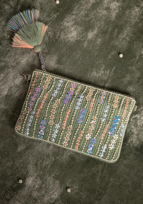 Multicolor Floral Sequined Corduroy Sling Bag