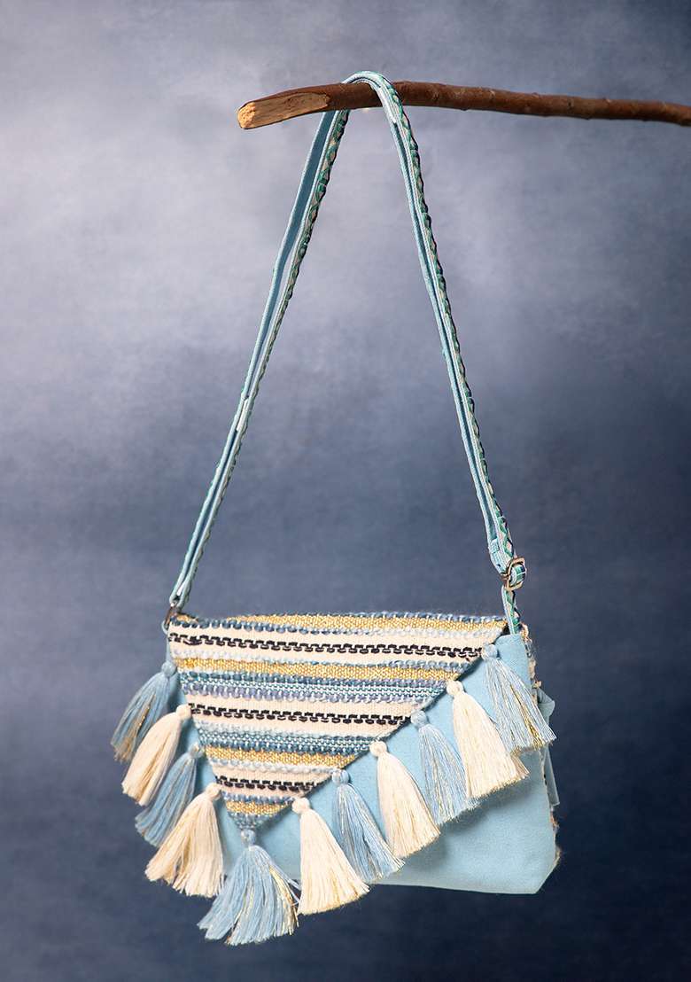 Pastel Blue And Ivory Striped Jacquard Cotton Sling Bag - Indya