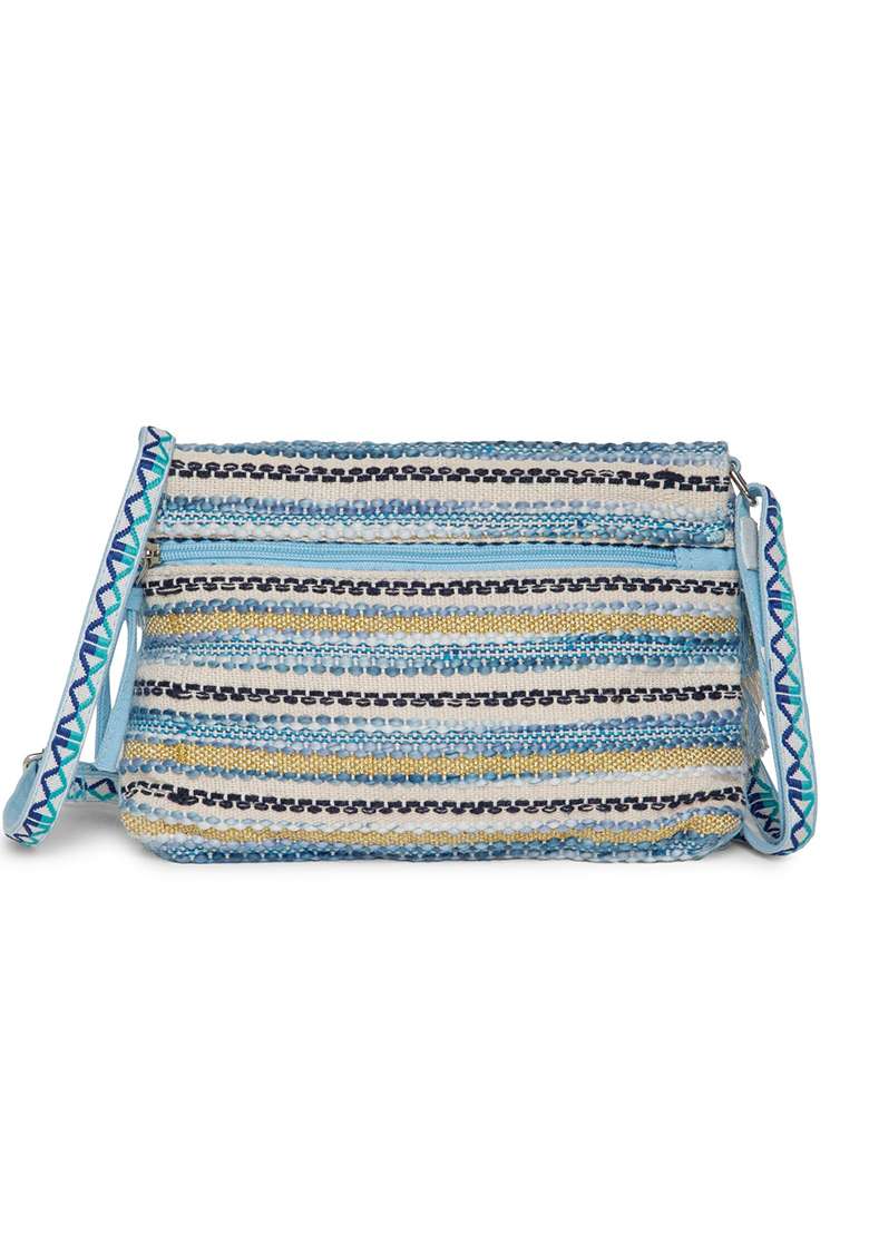 Pastel Blue And Ivory Striped Jacquard Cotton Sling Bag - Indya