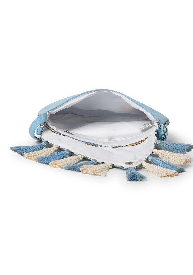 Pastel Blue And Ivory Striped Jacquard Cotton Sling Bag - Indya