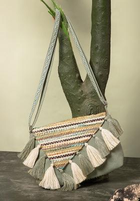 Dusty Olive Green And Ivory Striped Jacquard Cotton Sling Bag