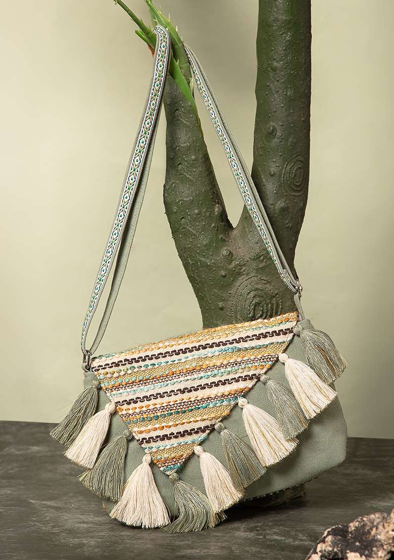 Dusty Olive Green And Ivory Striped Jacquard Cotton Sling Bag - Indya