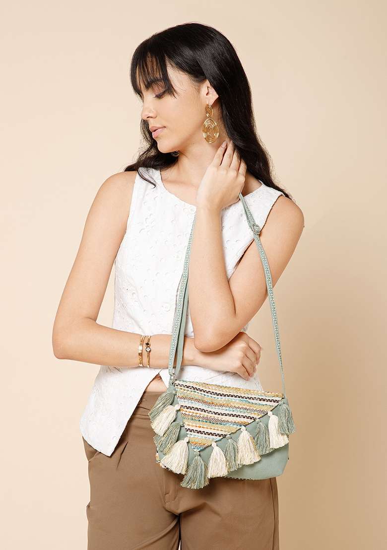 Dusty Olive Green And Ivory Striped Jacquard Cotton Sling Bag - Indya