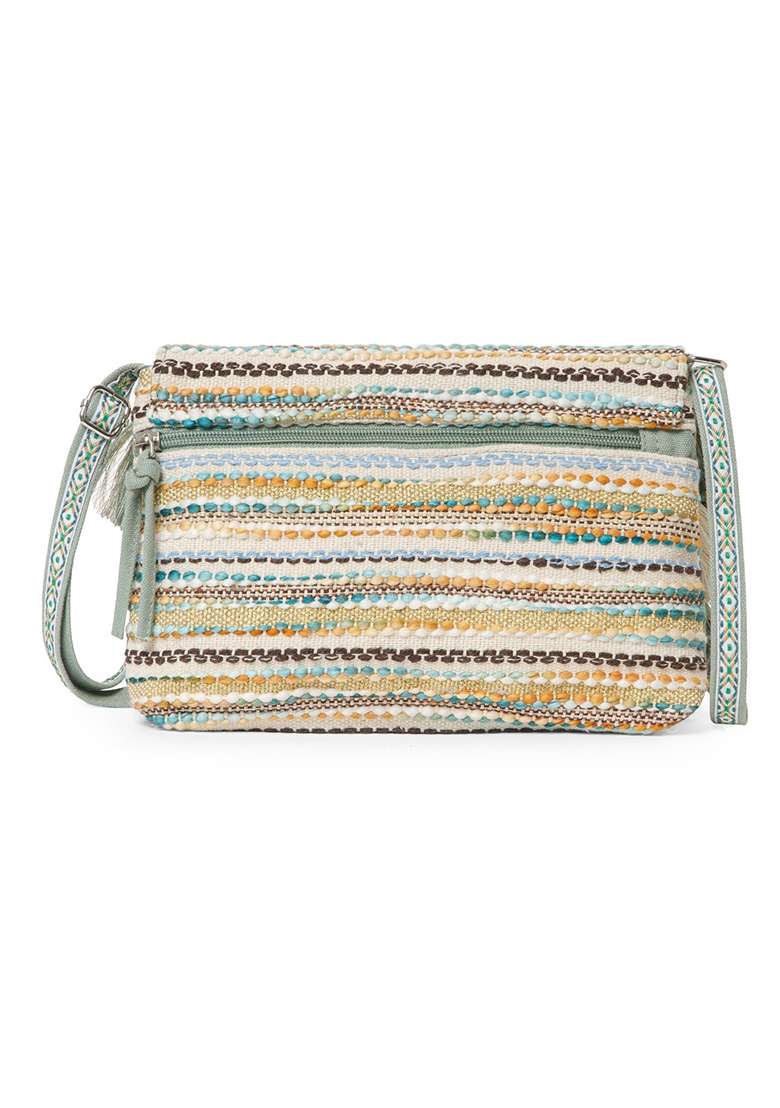 Dusty Olive Green And Ivory Striped Jacquard Cotton Sling Bag - Indya