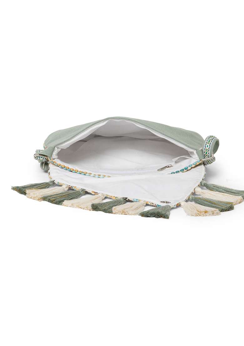 Dusty Olive Green And Ivory Striped Jacquard Cotton Sling Bag - Indya