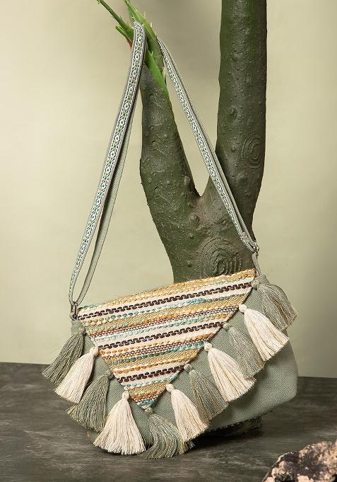 Dusty Olive Green And Ivory Striped Jacquard Cotton Sling Bag