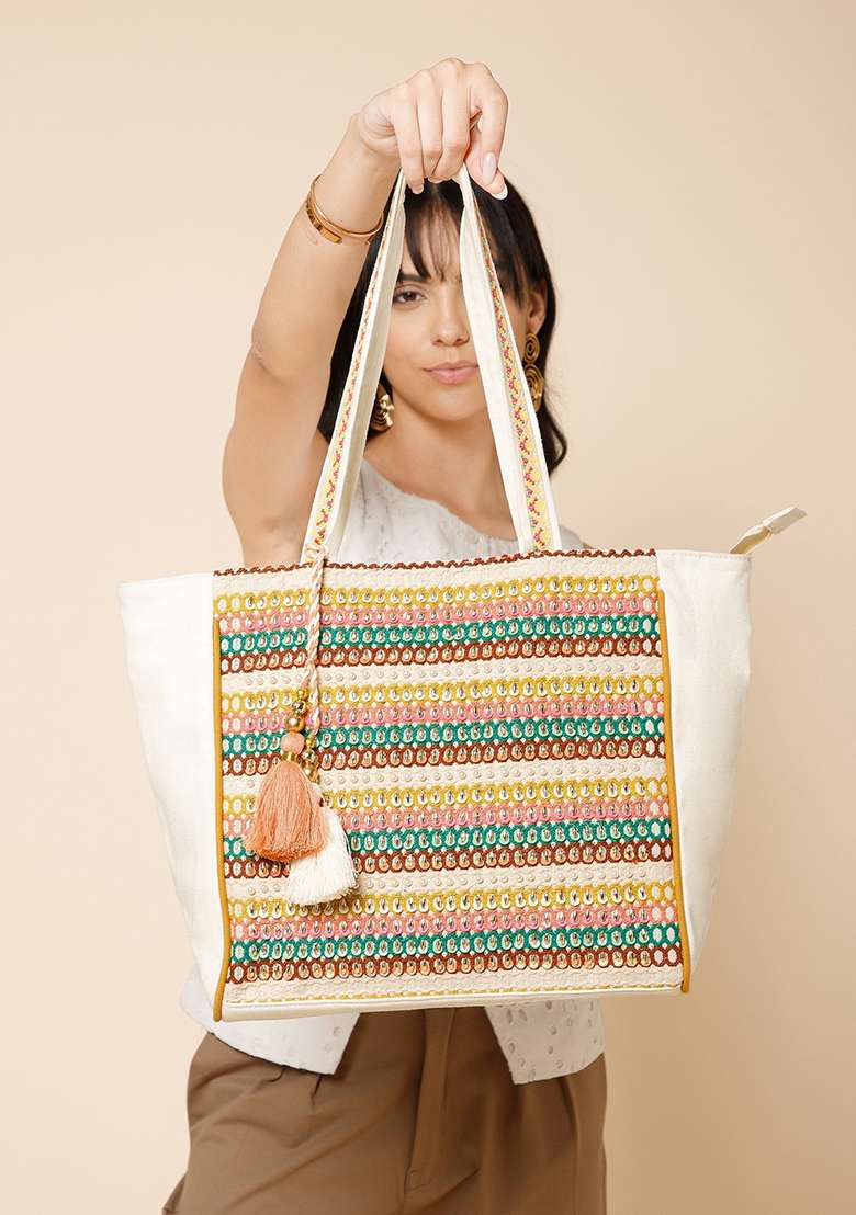 Multicolor Striped Sequin Work Cotton Tote Bag - Indya