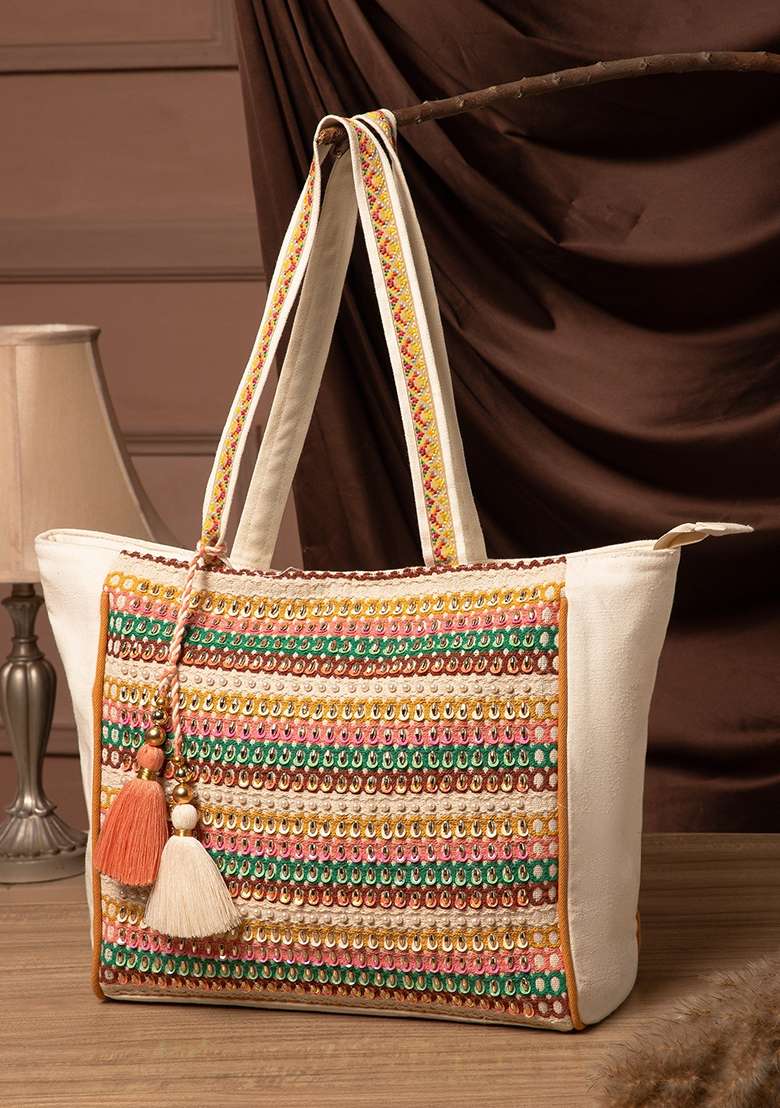 Multicolor Striped Sequin Work Cotton Tote Bag - Indya