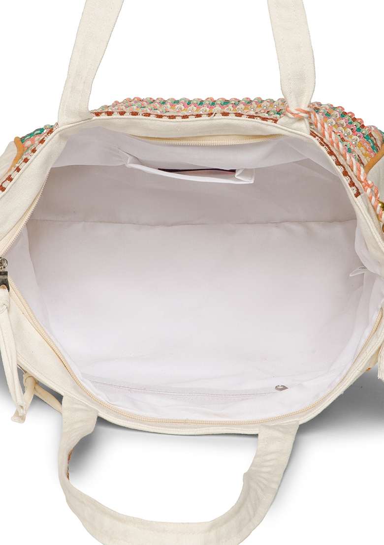 Multicolor Striped Sequin Work Cotton Tote Bag - Indya