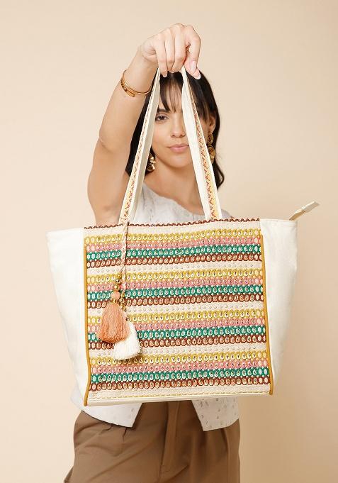 Multicolor Striped Sequin Work Cotton Tote Bag