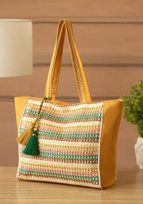 Multicolor Striped Sequin Work Cotton Tote Bag