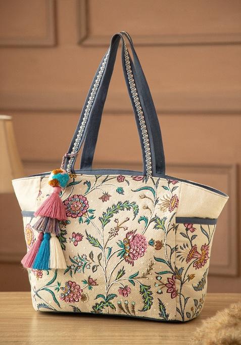 Multicolor Embellished Jacquard Tote Bag
