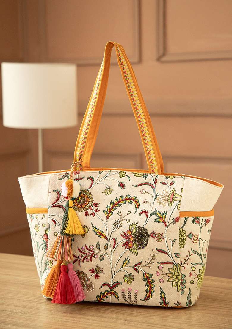 Multicolor Embellished Jacquard Tote Bag - Indya