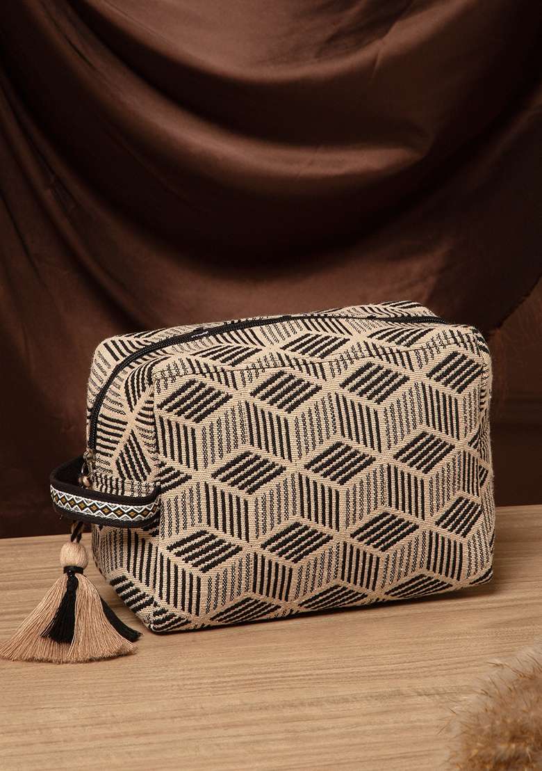 Beige And Black Diamond Jacquard Cotton Bag - Indya