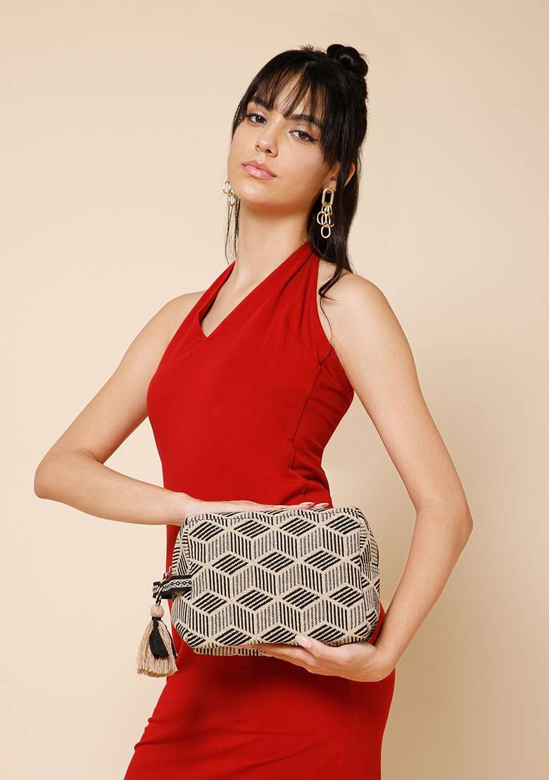 Beige And Black Diamond Jacquard Cotton Bag - Indya