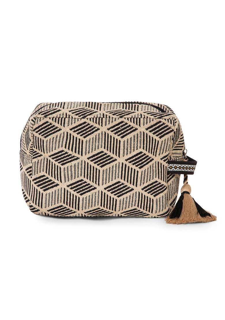Beige And Black Diamond Jacquard Cotton Bag - Indya