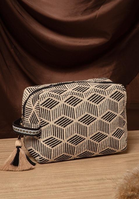 Beige And Black Diamond Jacquard Cotton Bag