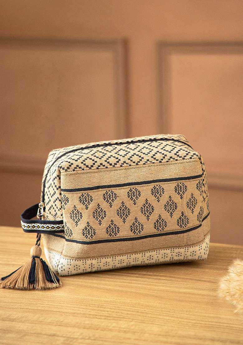 Beige And Navy Tribal Jacquard Cotton Bag - Indya