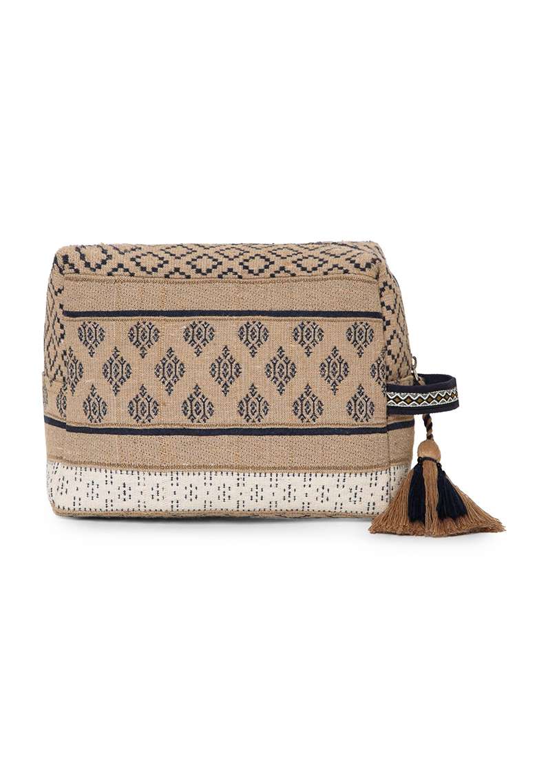 Beige And Navy Tribal Jacquard Cotton Bag - Indya