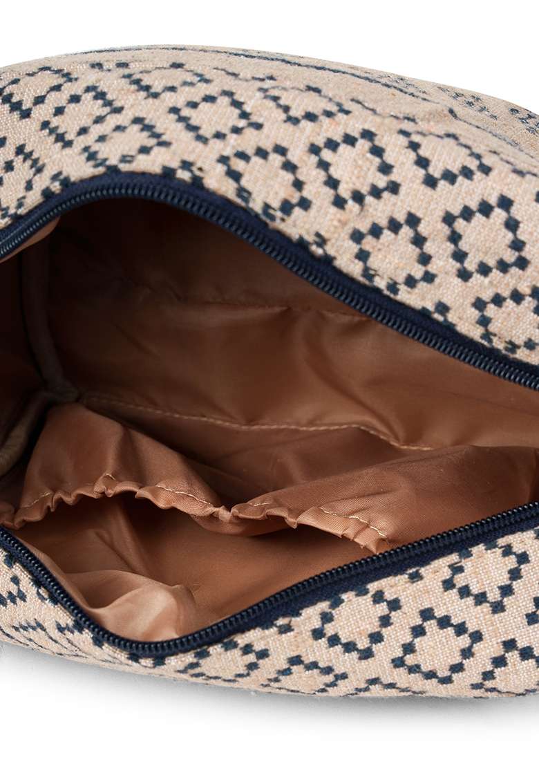 Beige And Navy Tribal Jacquard Cotton Bag - Indya