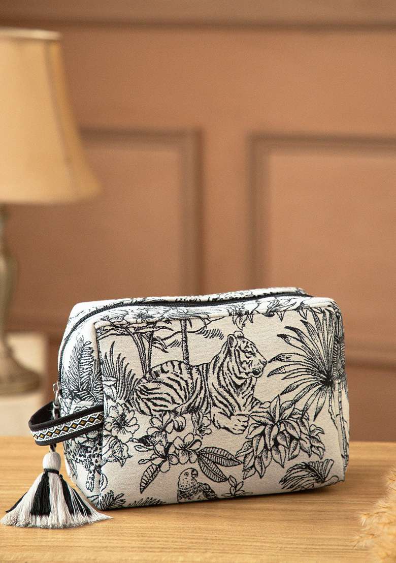 Natural And Black Toile Jacquard Cotton Bag - Indya