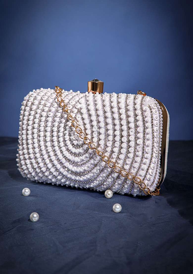 White And Silver Concentric Teardrop Design Velvet Clutch - Indya