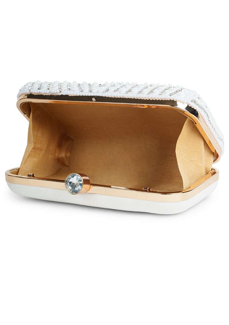 White And Silver Concentric Teardrop Design Velvet Clutch - Indya
